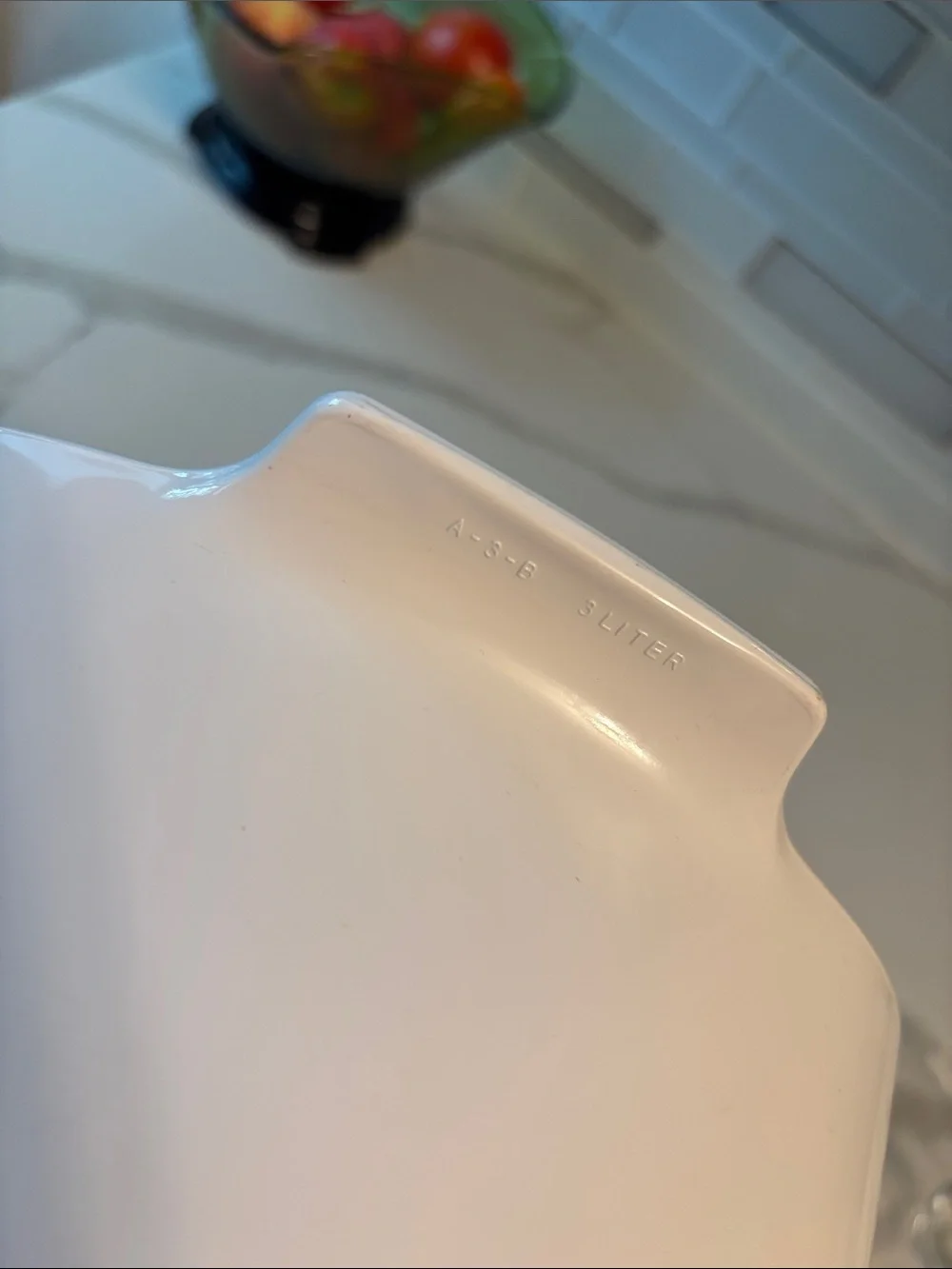 Vintage, 3 Liter Corningware White Casserole Dish with Blue Floral Pattern.